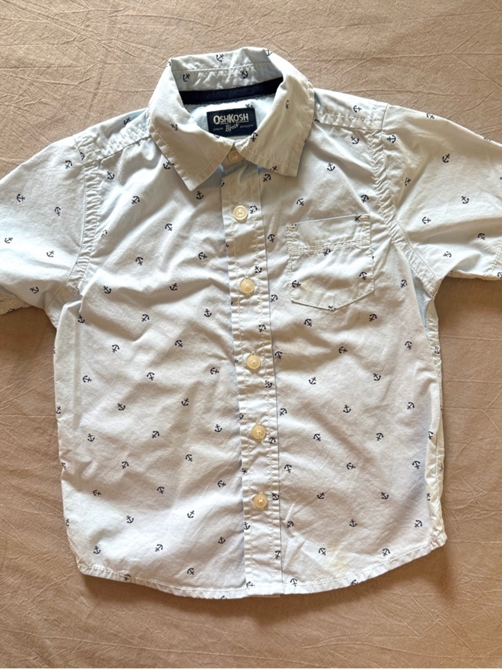 OshKosh Light Blue Short Sleeve Button Down Shirt with Navy Anchor Print 3T